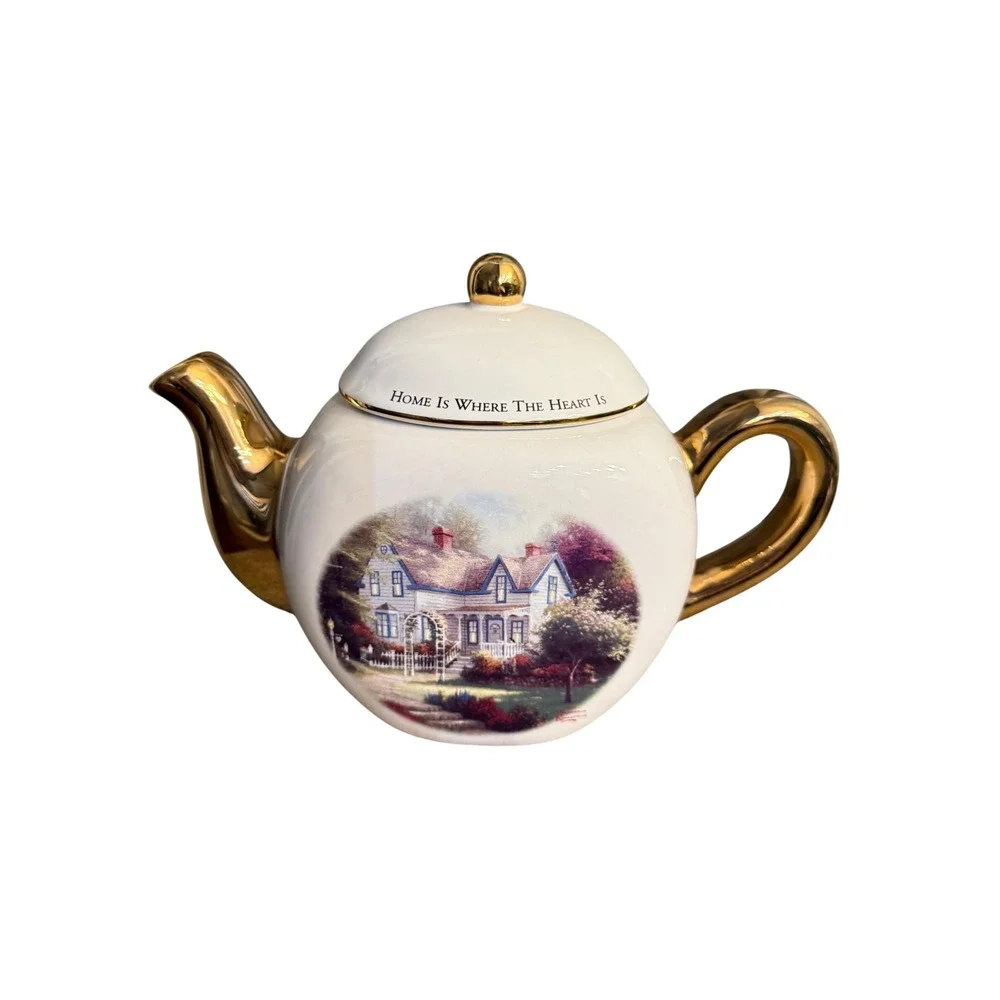 Thomas Kinkade Teleflora Teapot Home Is Where The Heart Is II Gold Trim Ceramic
